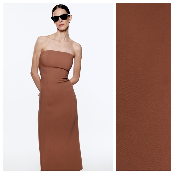 NWT. Zara Brown Bustier Strapless Midi Dress. Size M. - Picture 2 of 12